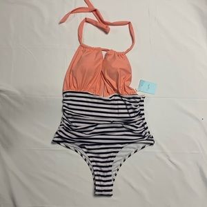 ✨Cupshe swimsuit nwt!✨ navy/white striped with peach color on top! Size large
